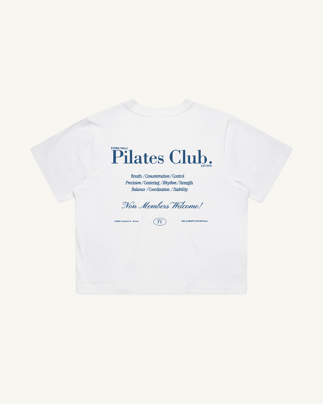 White t-shirt with 'Pilates Club' text on a white background